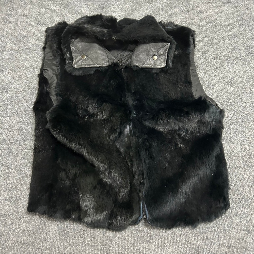 Unbranded Fur Vest Womens Size M Black Leather Trim Zip Up Sleeveless Jacket